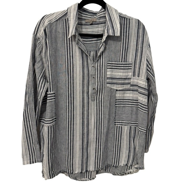 Wonderly Tops - Wonderly Linen/Cotton Collared Denim and White Striped Blouse